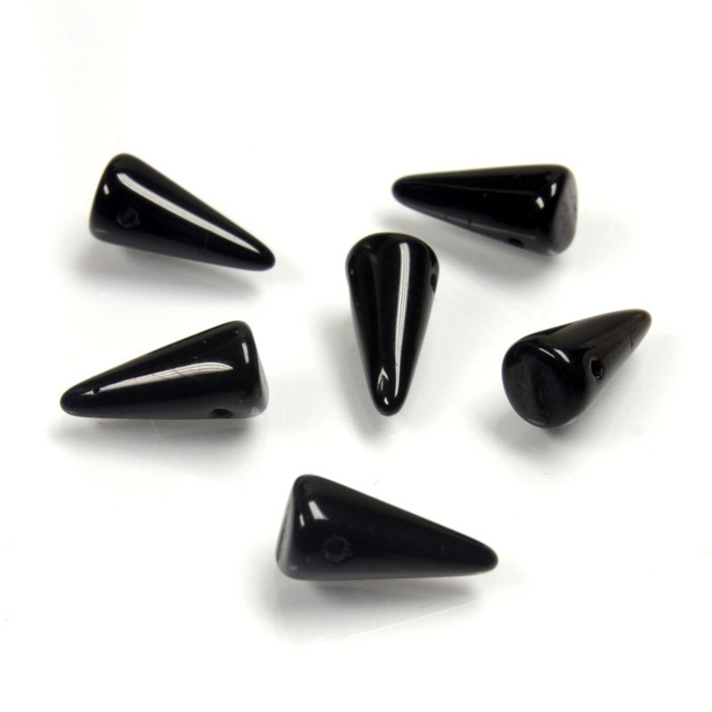 30 Czech Opaque Black Spike Thorn Glass Beads 5x13 mm