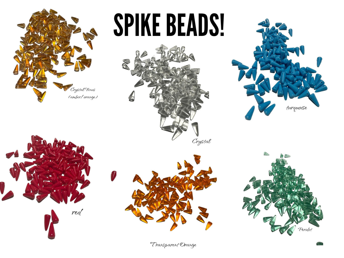 Czech Pressed Spike Thorn Glass Beads 5x10 mm Red, Turquoise, Transparent Orange, Crystal, Peridot, Crystal Venus