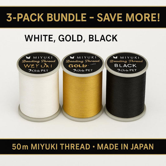 3 Pack Miyuki Size B Beading Thread – White, Gold, Black | 50m Spool Pre-Waxed Nylon Jewelry Making, Bead Loom, Bead Weaving, Leather Sewing